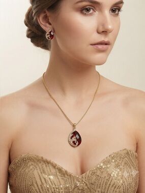 Gold-Tone Red Rhinestone Teardrop Necklace & Earring Set | Statement Jewelry